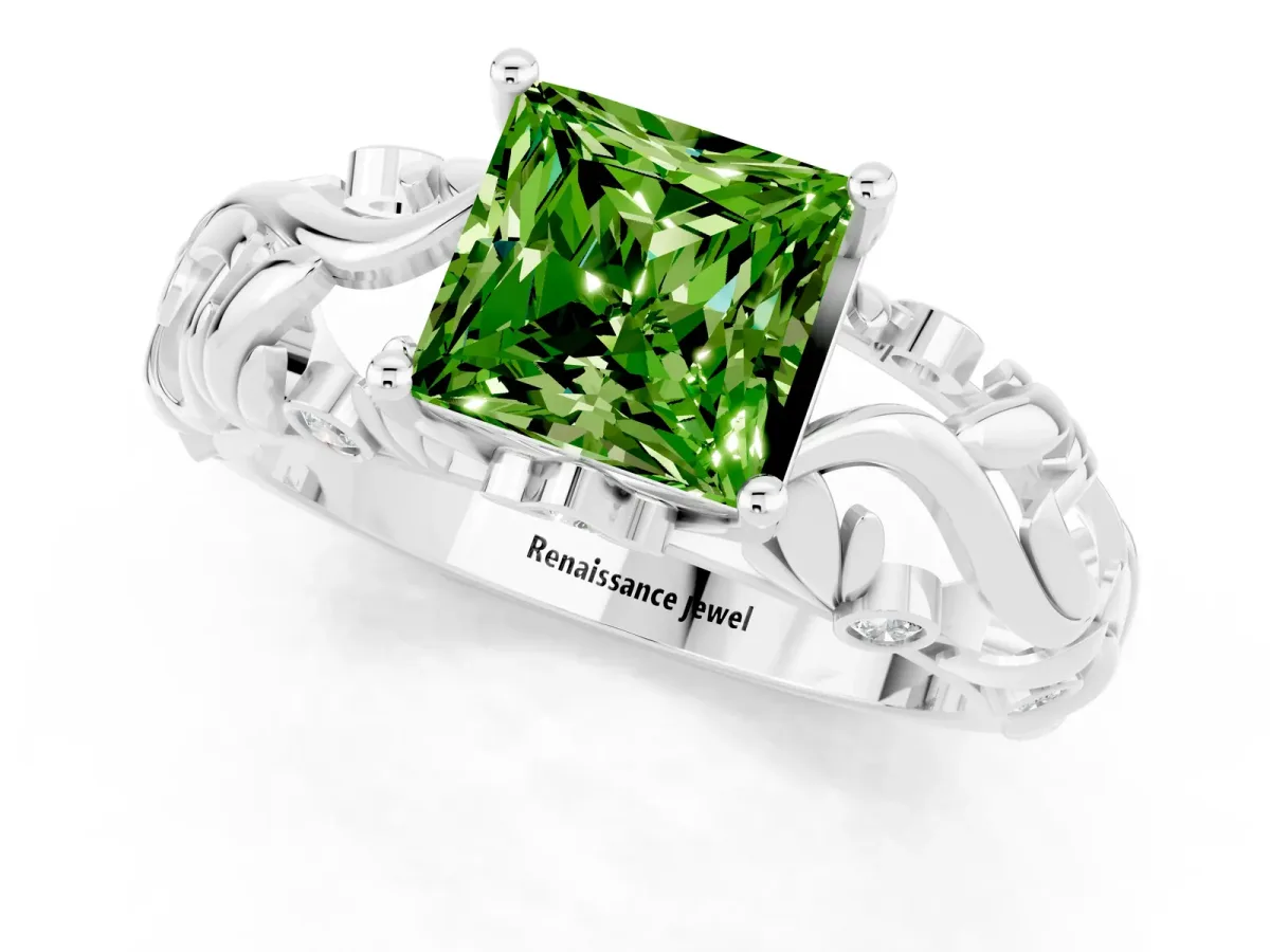 Princess Cut Solitaire Peridot Leaf-Inspired Vine Band Ring with Prong Setting White gold