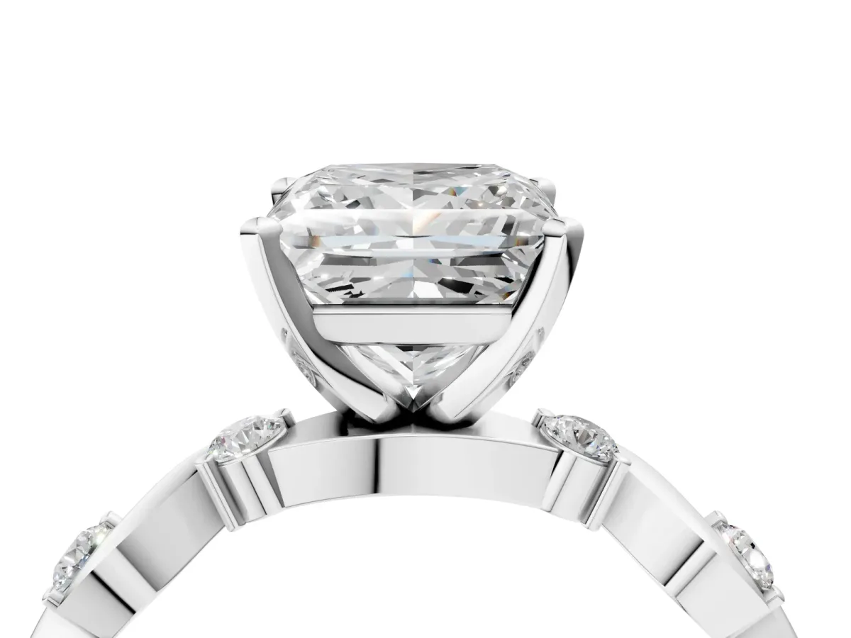 Princess Cut Diamond Solitaire Twisted Band with Round Accents and Prong Setting Silver