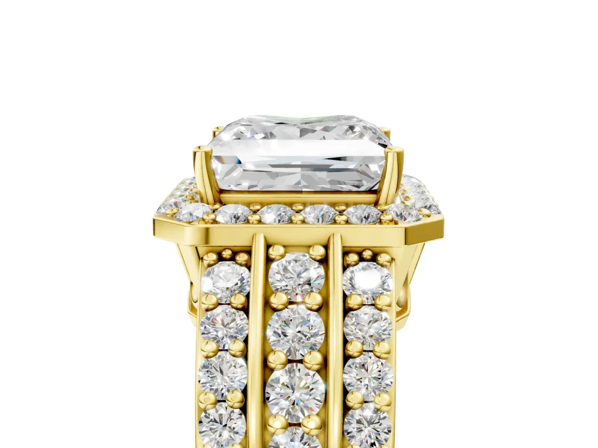 Princess Cut Halo Diamond Ring with Round Split Shank and Prong Setting Yellow gold