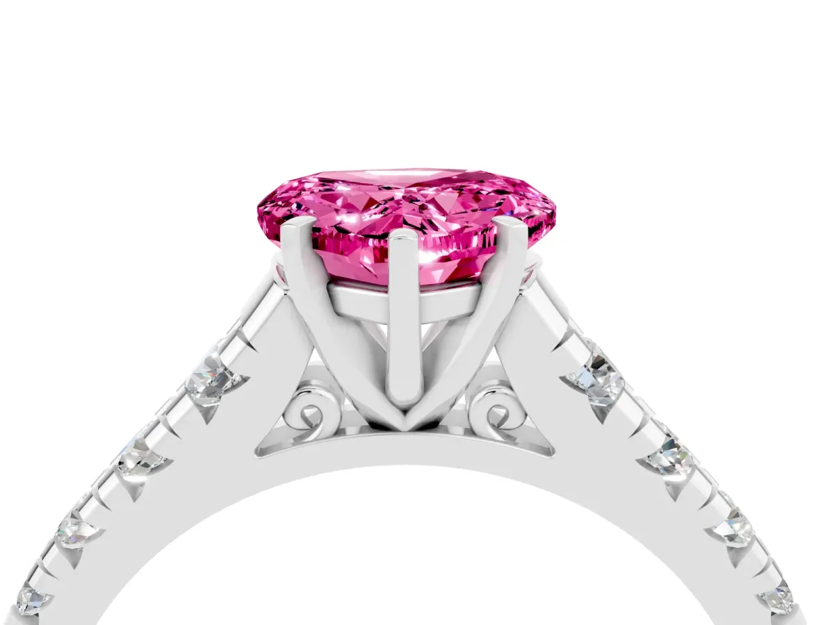 Heart Cut Pink Sapphire Cathedral Solitaire Ring with Round Pavé Band Silver
