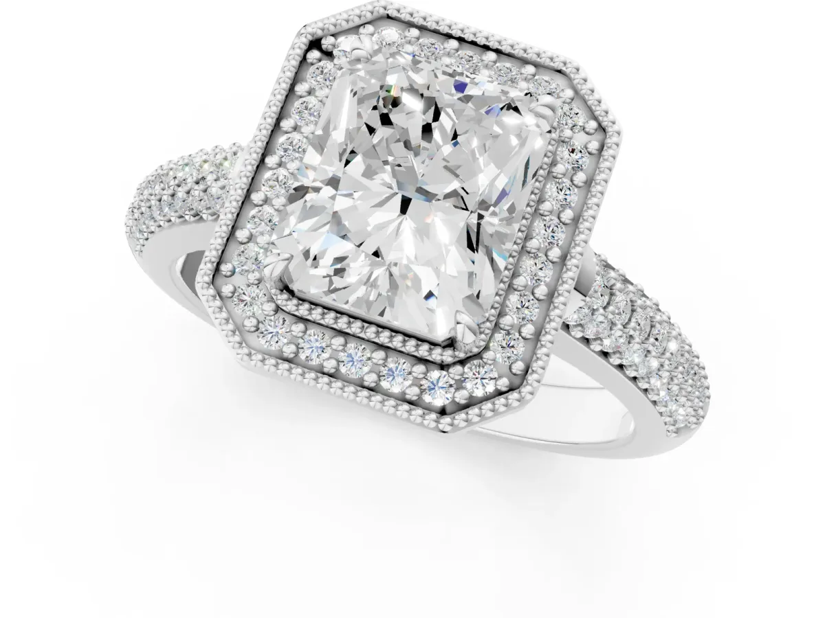 Radiant Cut Cut Halo Diamond Pave Band with Four-Prong Setting Platinum