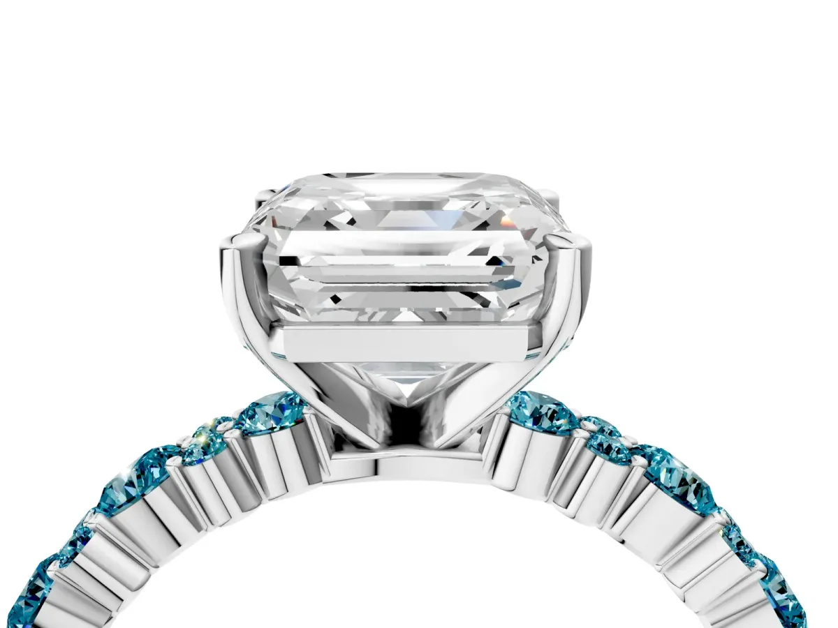 Asscher Cut Diamond Side Stone Solitaire Ring with Round Blue Topaz and Four-Prong Setting Platinum
