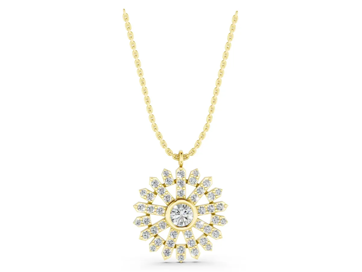 Round Diamond Snowflake Pendant with Pavé Setting Yellow gold