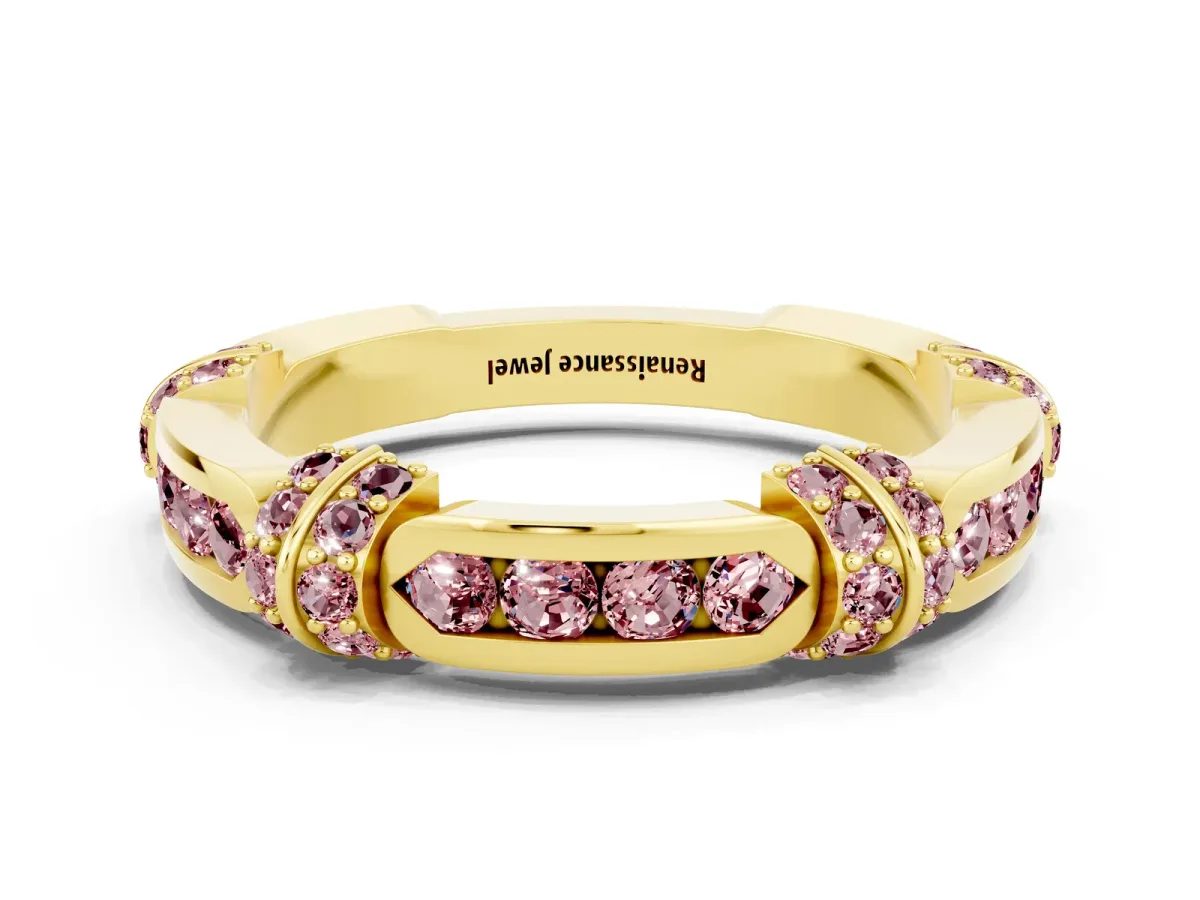 Pavé Round Morganite Link Band with Bezel Setting Yellow gold