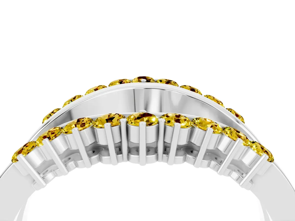 Round Yellow Sapphire Chevron Contour Band with Prong Setting Silver