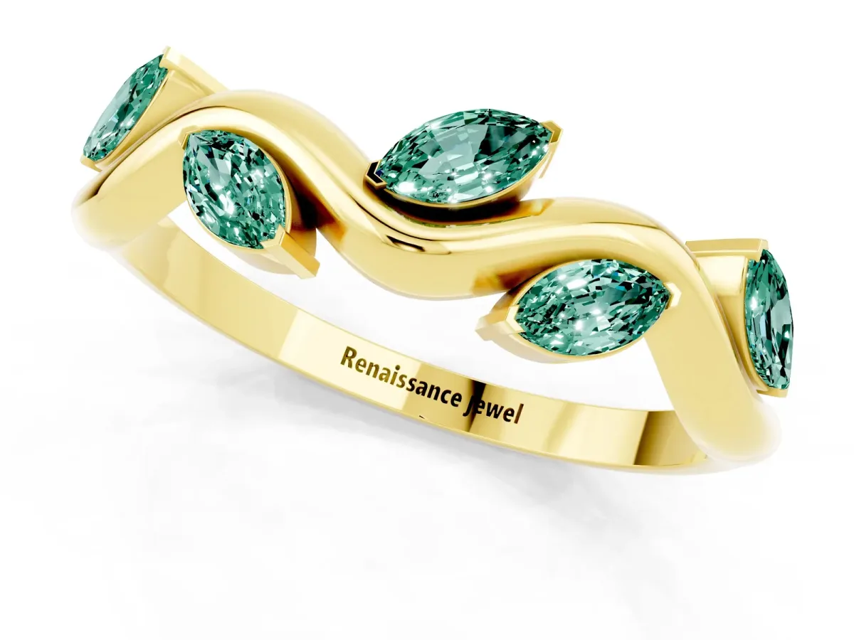 Marquise Green Sapphire Twisted Band with Prong Setting Yellow gold
