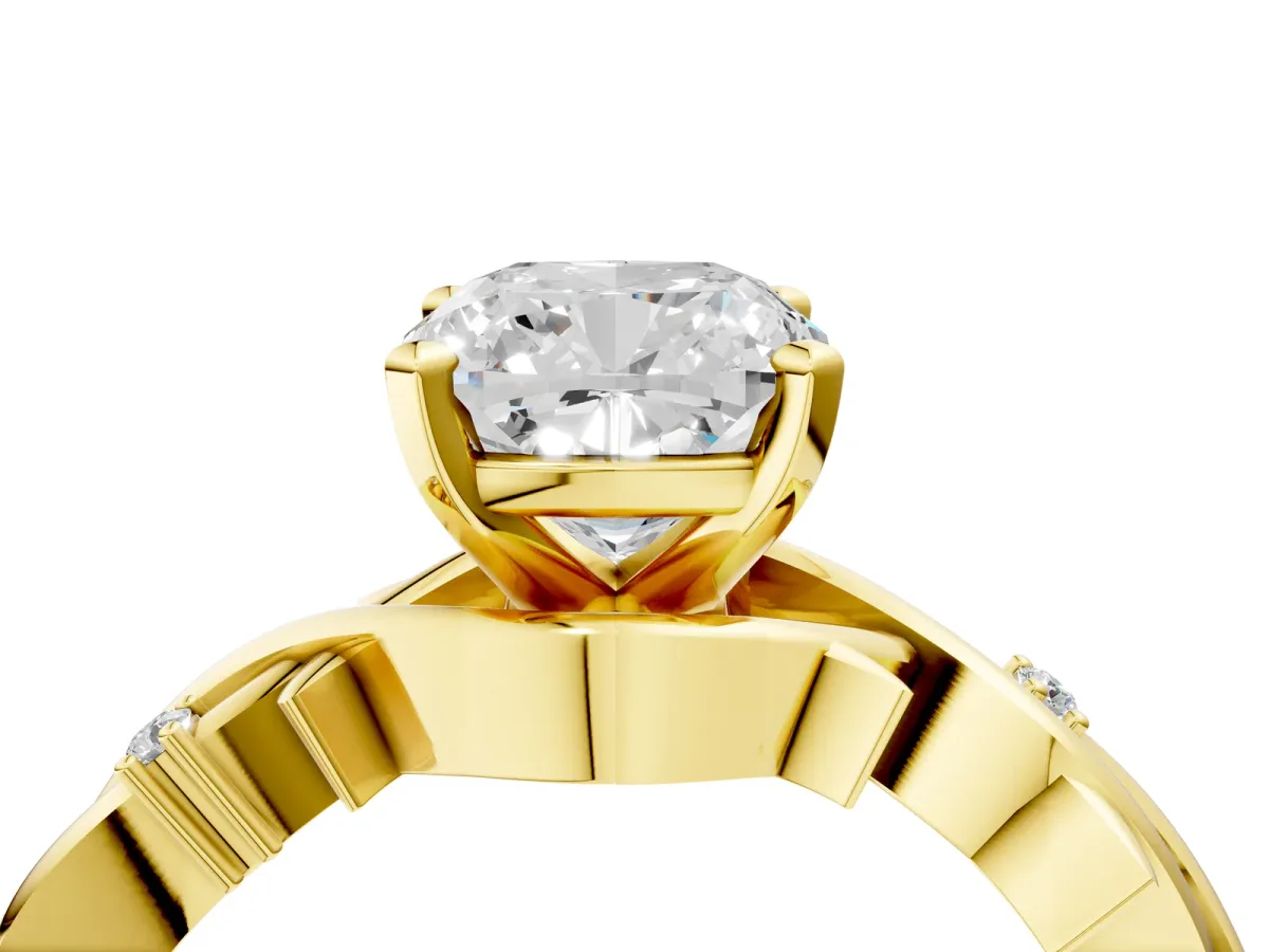 Cushion Cut Diamond Solitaire Ring with Twisted Band and Prong Setting Yellow gold