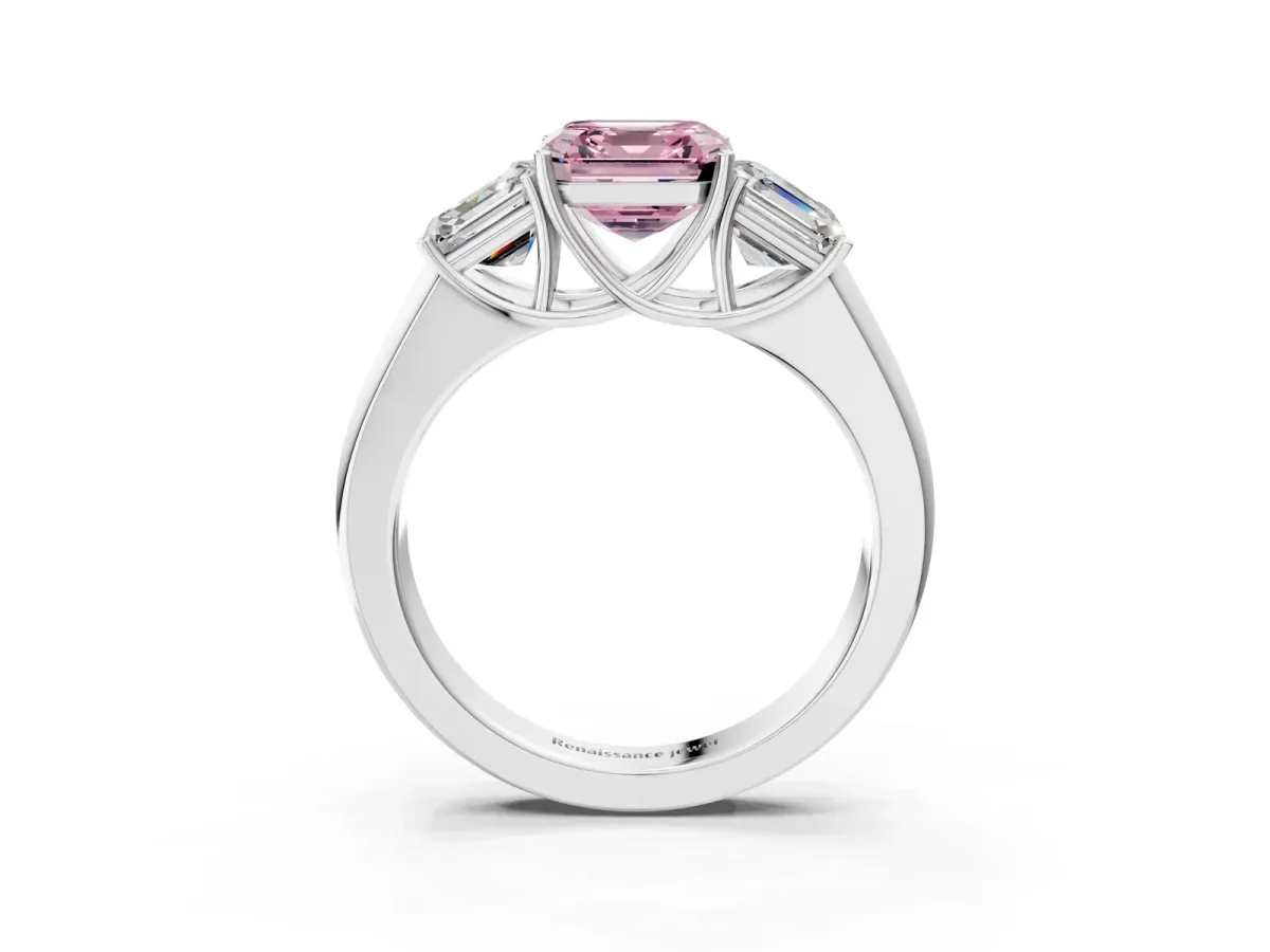 Fancy Pink Three-Stone Asscher Cut Cut Diamond Ring with Prong Setting and Classic Band Platinum