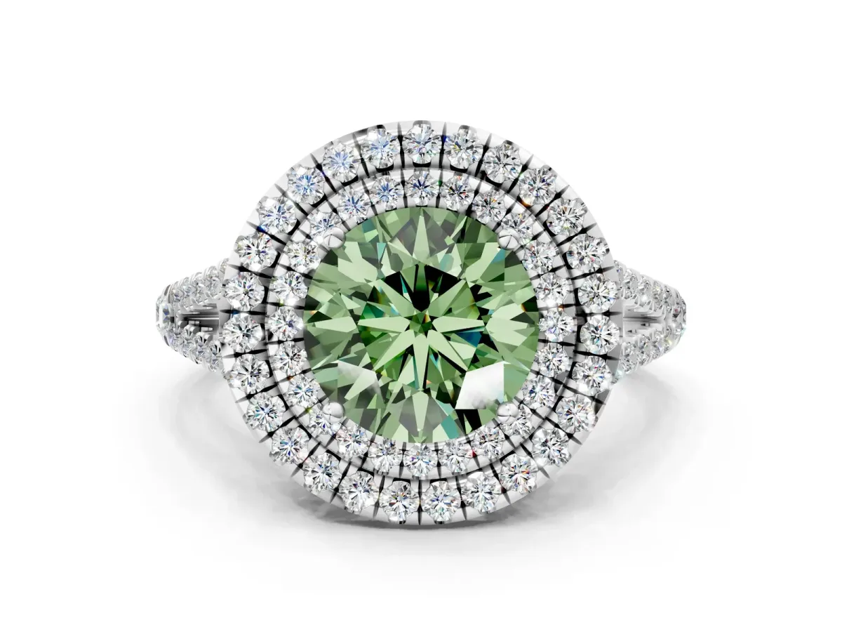Fancy Green Round Cut Diamond Double Halo Ring with Pavé Band and Prong Setting Silver