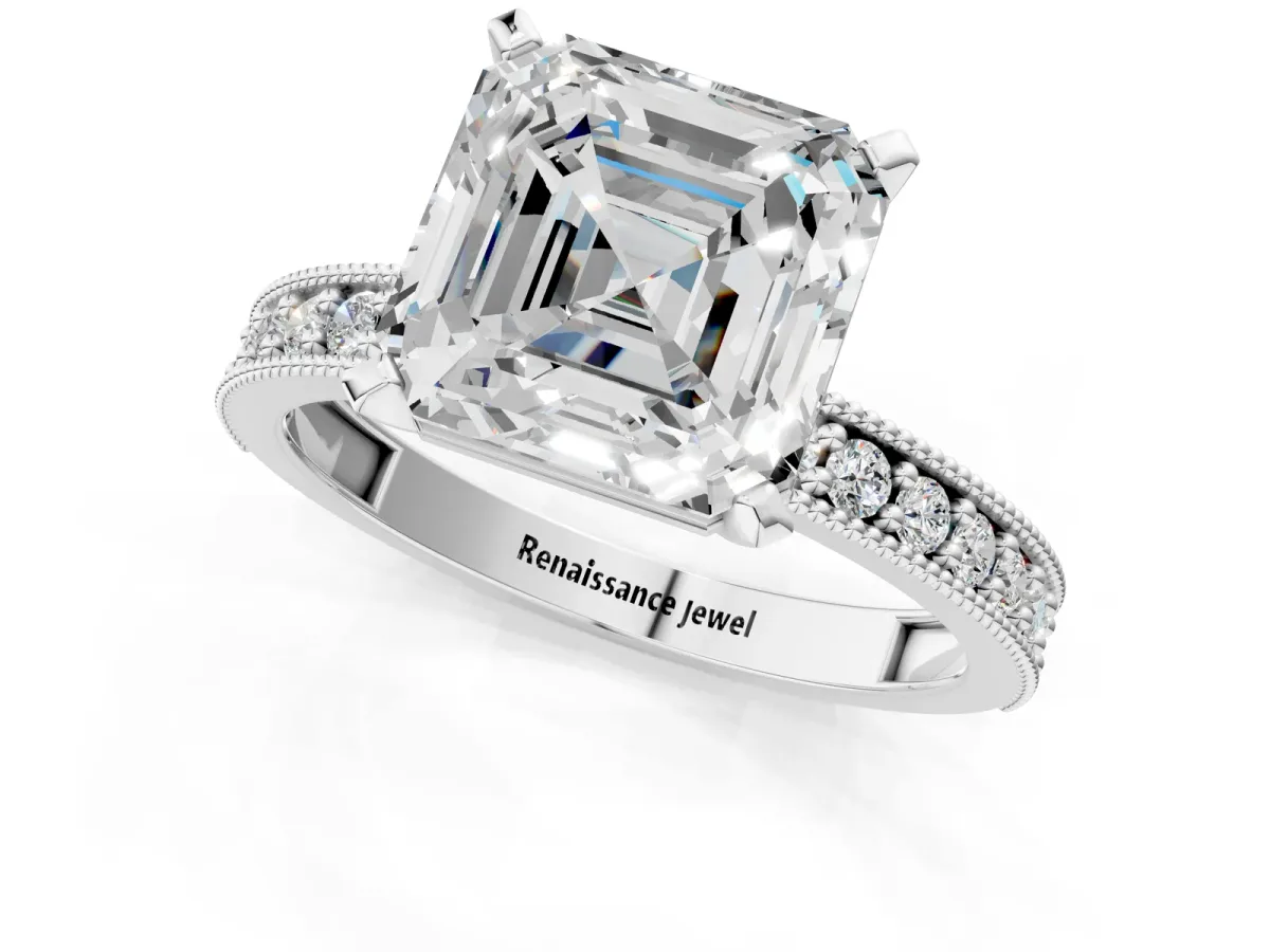 Asscher Cut Diamond Milgrain Pavé Engagement Ring with Four-Prong Setting Platinum