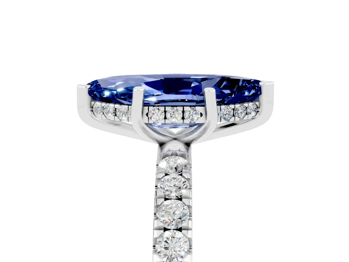 Marquise Cut Blue Sapphire Pave Band Solitaire Ring with Round and Prong Setting Silver