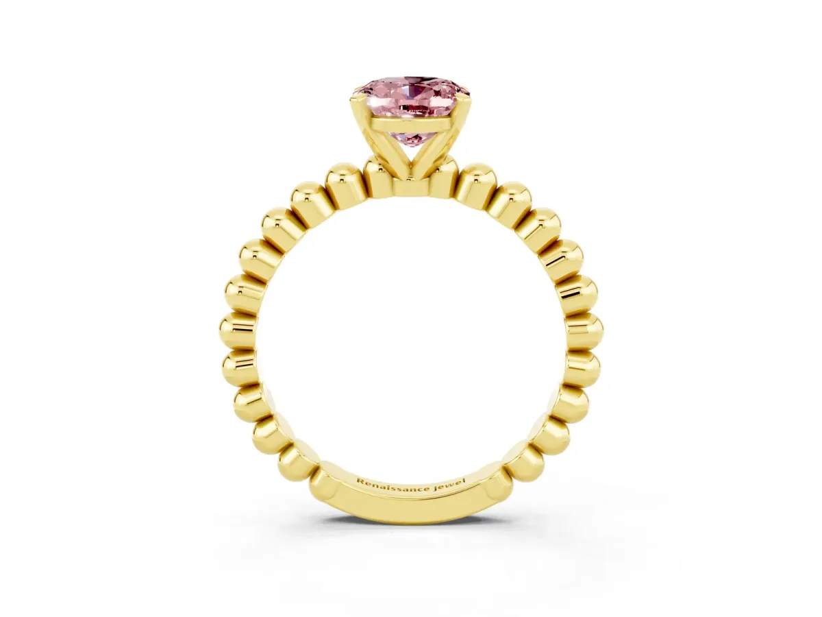 Oval Cut Morganite Solitaire Ring with Beaded Band and Prong Setting Yellow gold