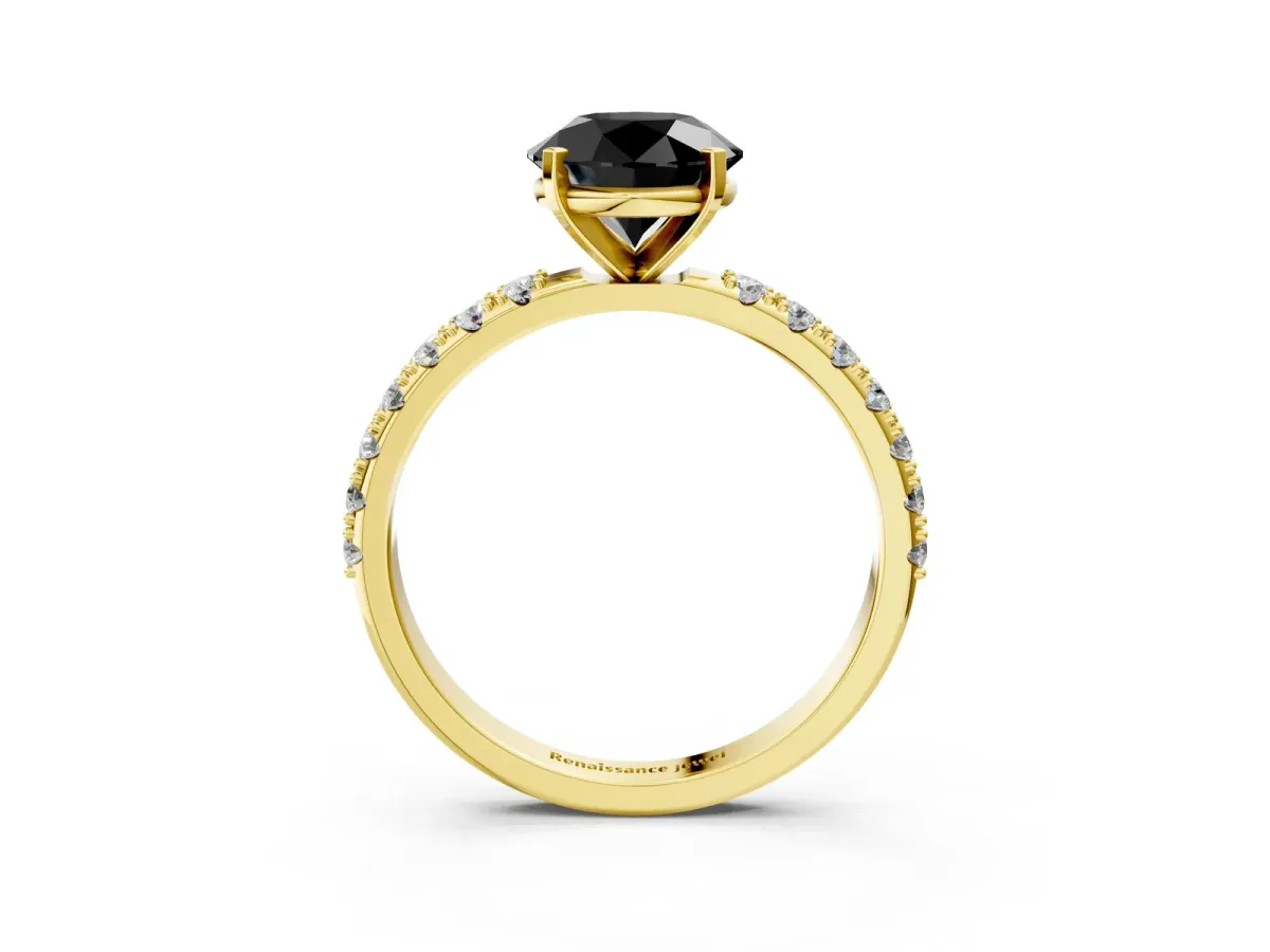 Fancy Black Round Cut Diamond Solitaire Pavé Band with Four-Prong Setting Yellow gold