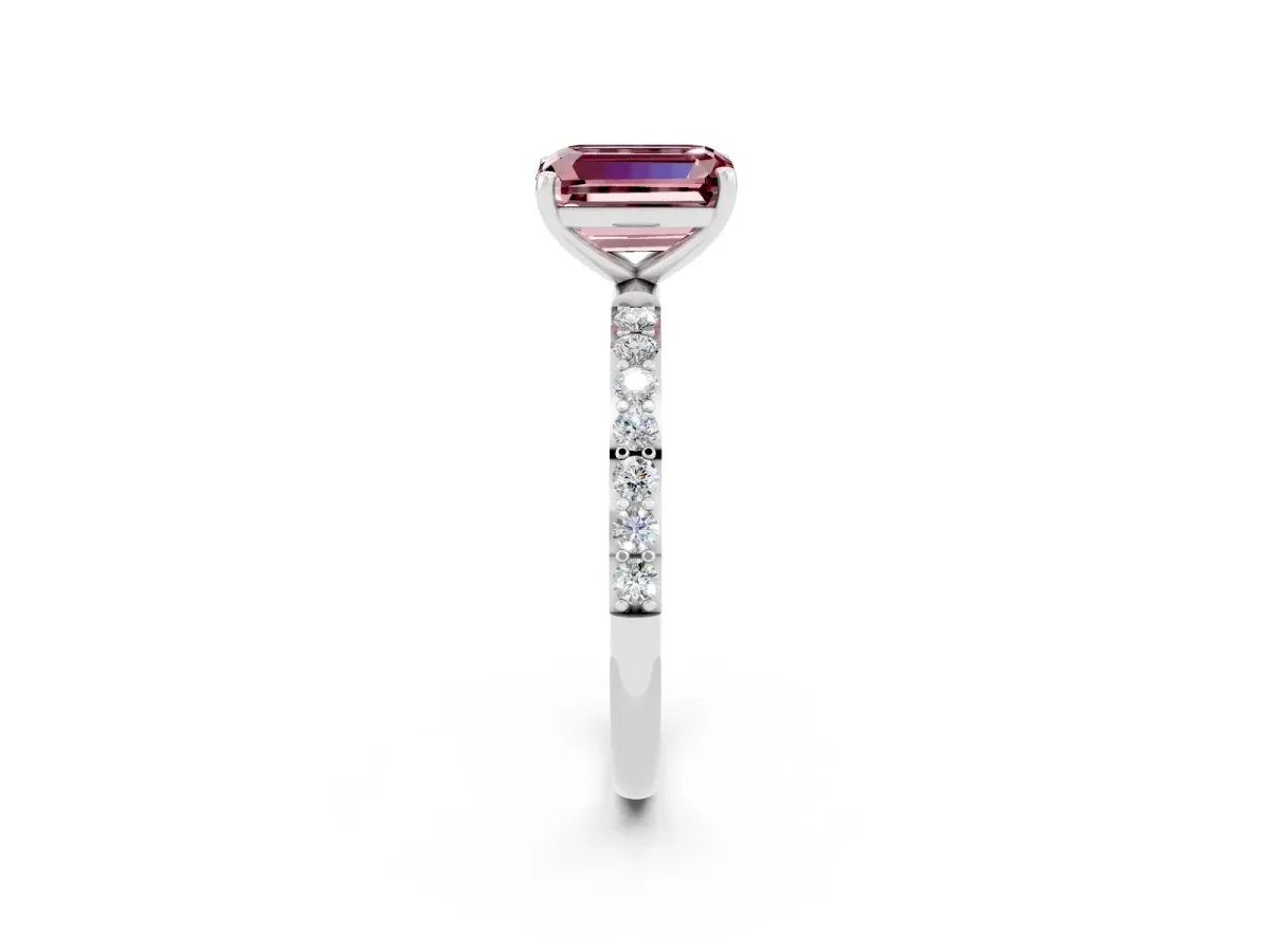 Emerald Cut Morganite Solitaire Ring with Round Pavé Band and Prong Setting Silver