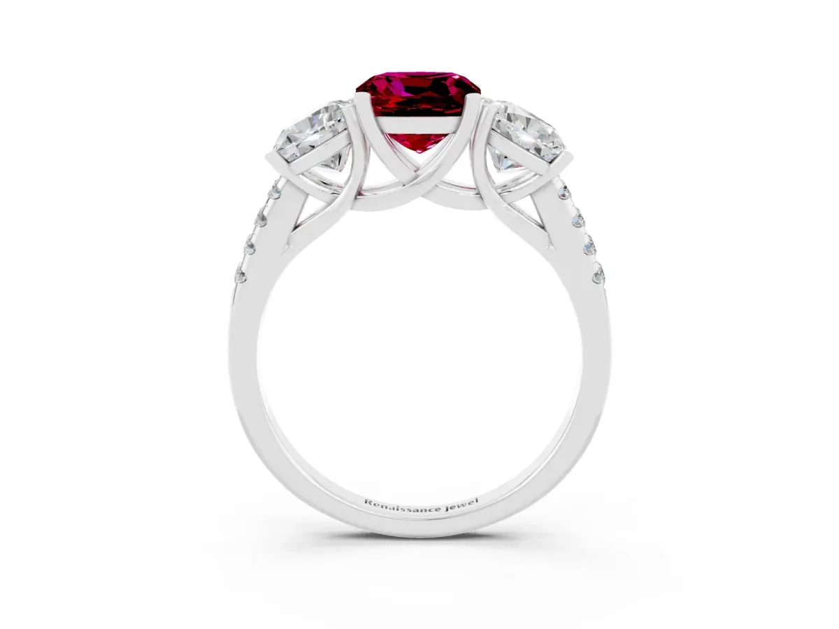 Three-Stone Cushion Cut Garnet Ring with Round Pavé Band and Prong Setting Silver