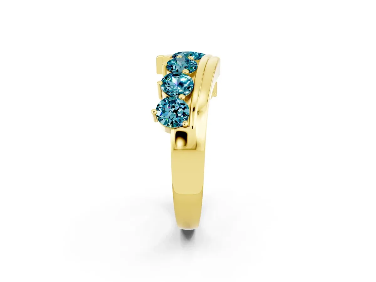 Round Blue Topaz Wave Band with Channel and Shared Prong Setting Yellow gold