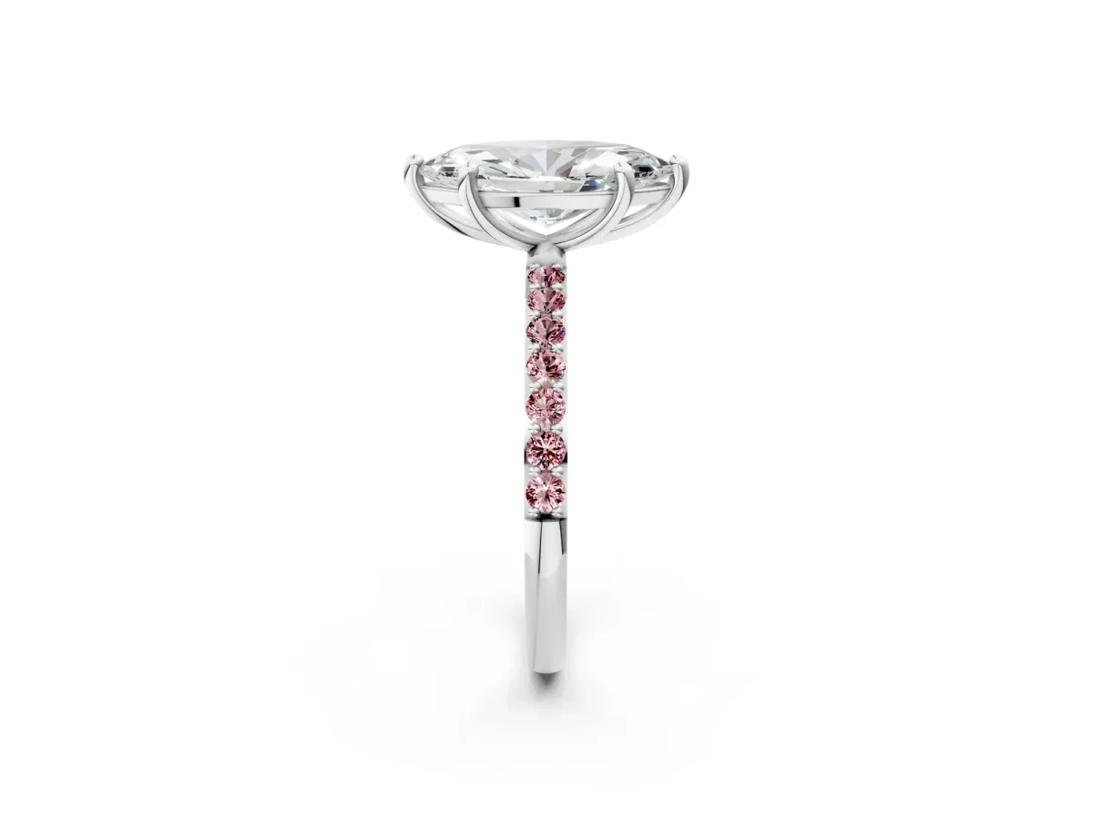 Marquise Cut Diamond Solitaire Ring with Round Morganite Pavé Band and Prong Setting Silver