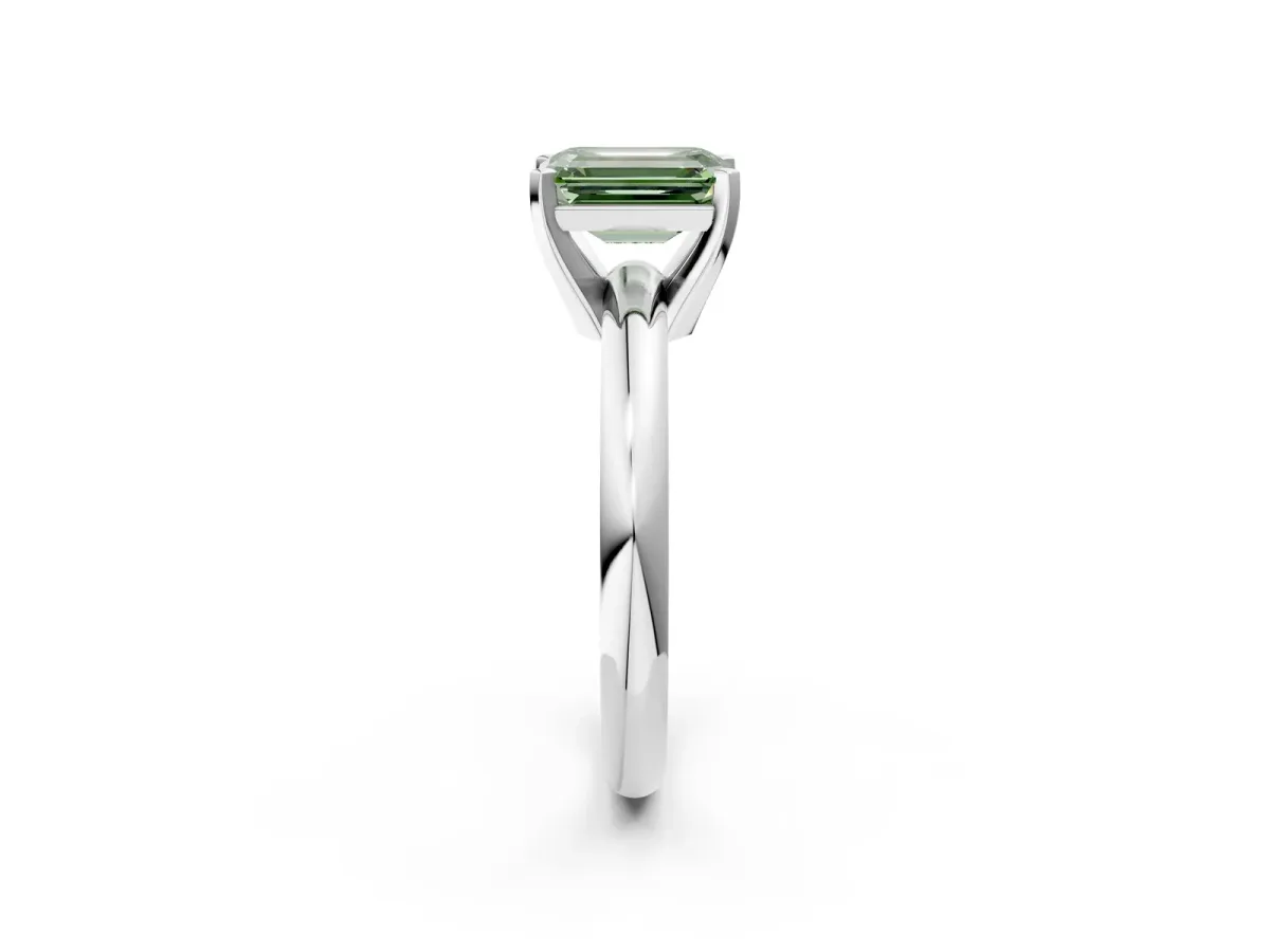 Fancy Green Emerald Cut Diamond Solitaire Engagement Ring with Round Band and Four-Prong Setting Silver