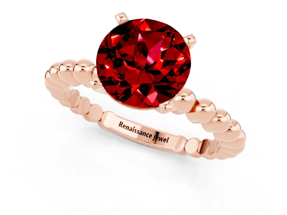 Round Cut Ruby Solitaire Ring with Beaded Band and Prong Setting Rose gold