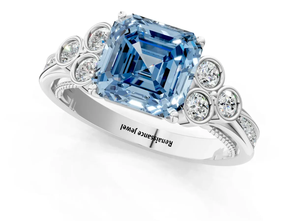 Fancy Blue Asscher Cut Cut Diamond Engagement Ring with Bezel Set Round Side Stones and Prong Setting Platinum