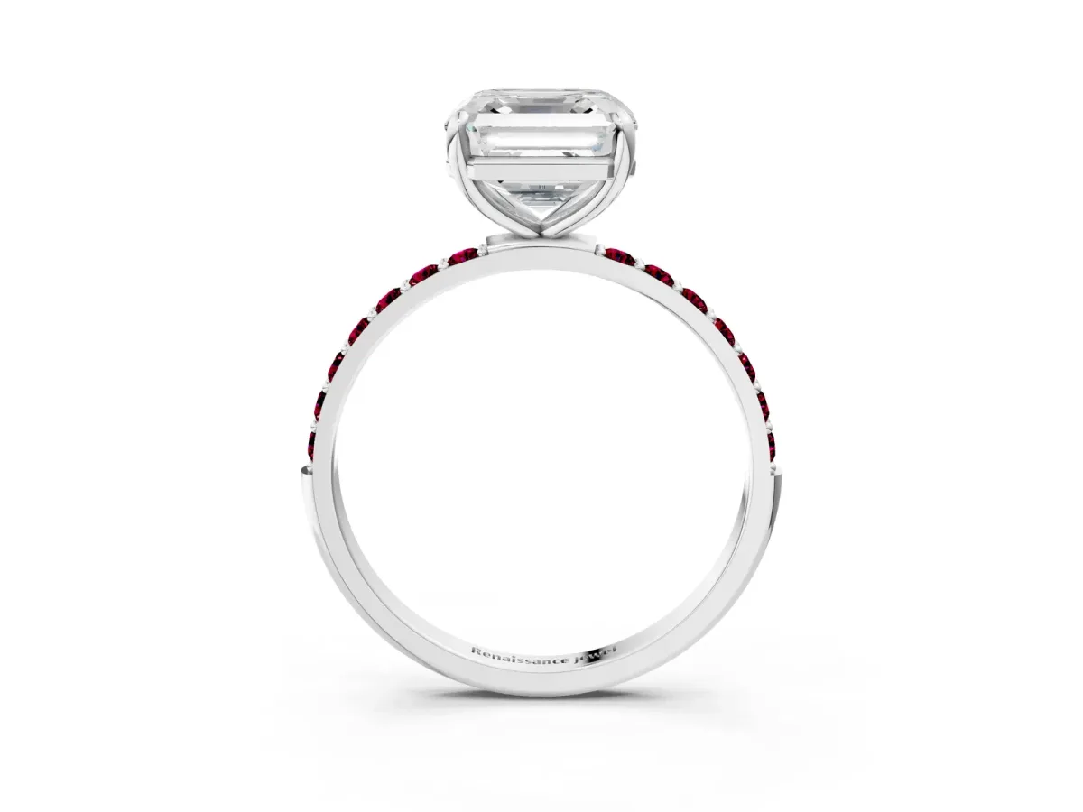 Asscher Cut Diamond Solitaire Ring with Round Garnet Pavé Band and Prong Setting Silver