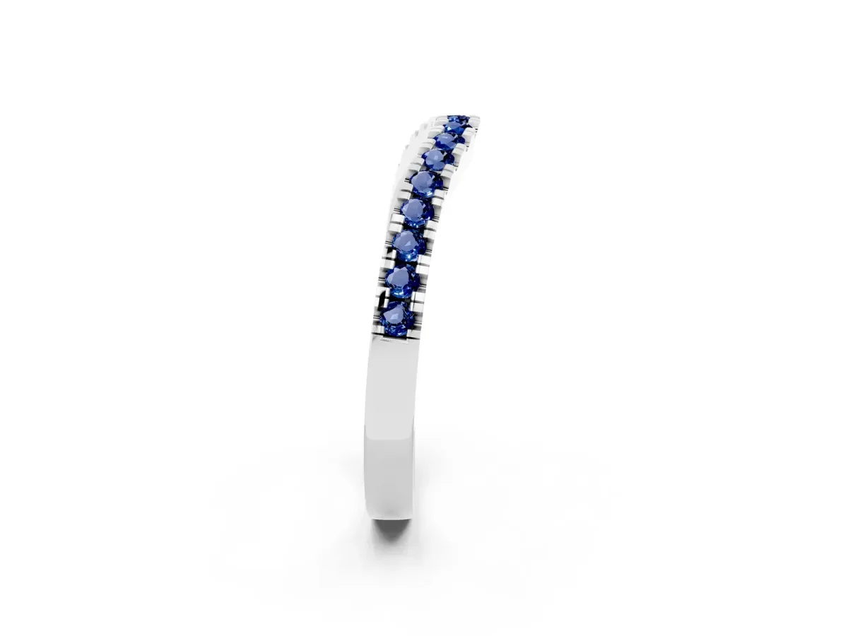 Round Blue Sapphire Pavé Curved Band with Shared Prong Setting White gold