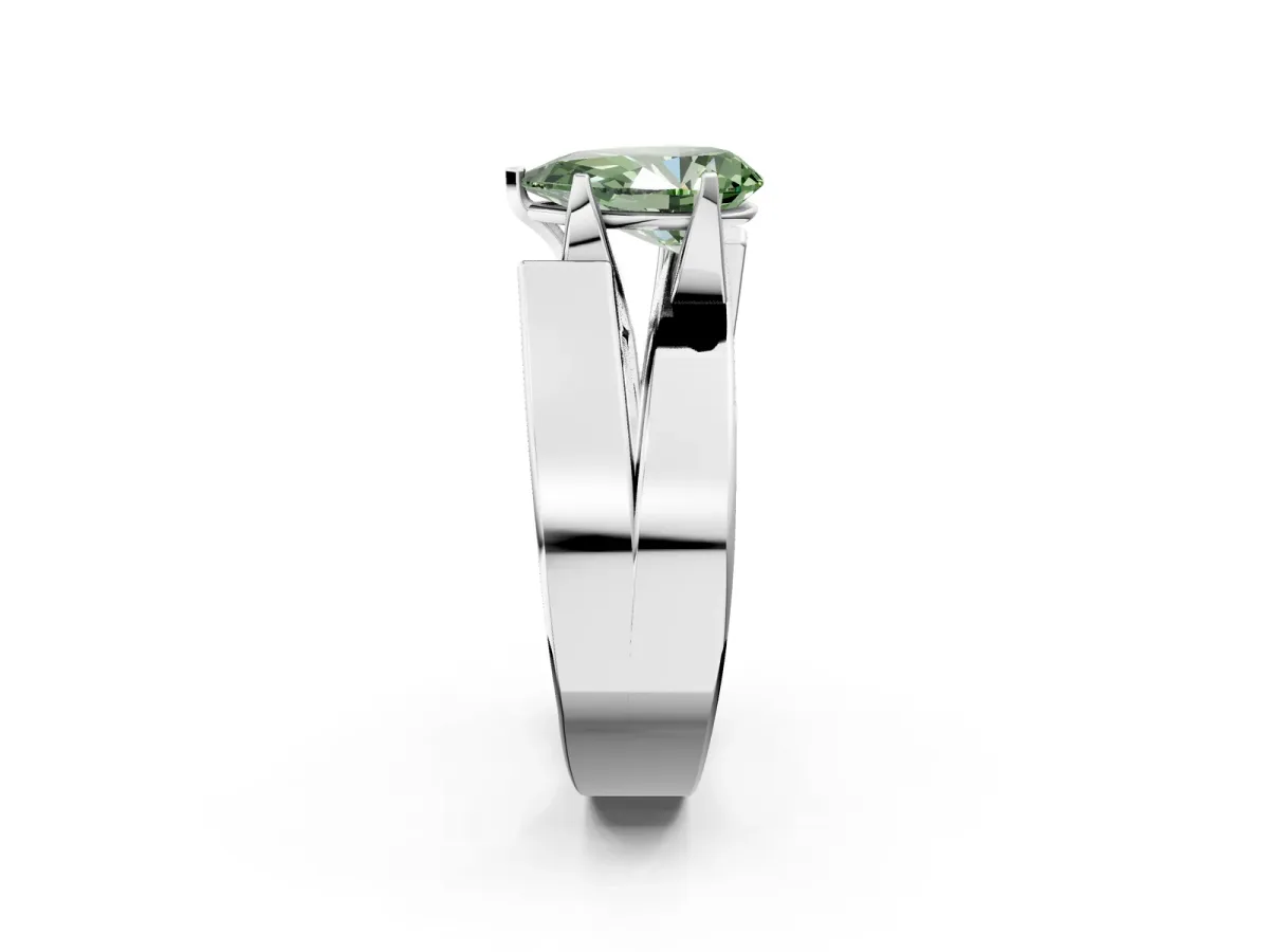 Fancy Green Modern Tension Set Pear Cut Diamond Solitaire Wide Band Ring Silver