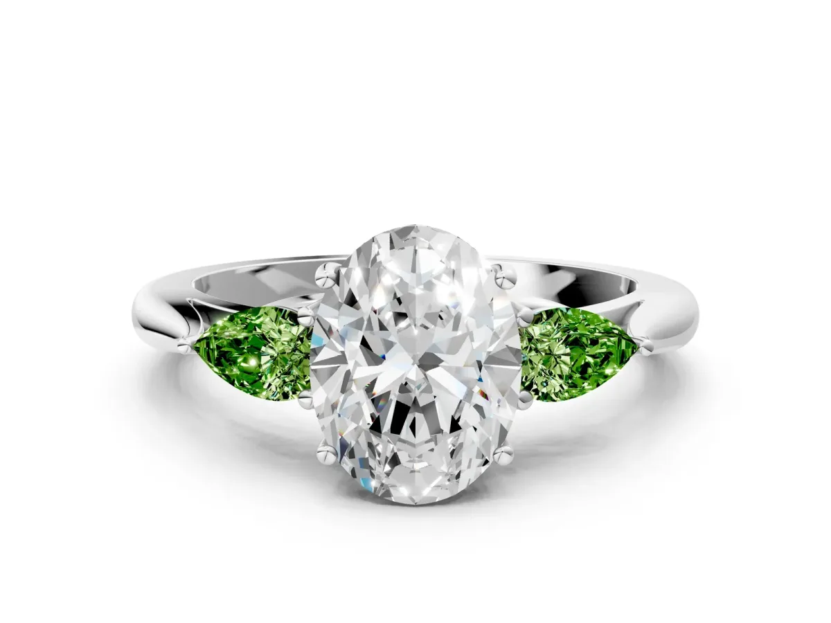 Oval Cut Diamond Three-Stone Ring with Pear Peridot Side Stones and Prong Setting White gold