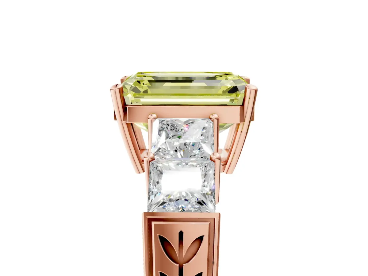 Fancy Yellow Emerald Cut Solitaire Princess Side Stone Engraved Band Prong Setting Ring Rose gold