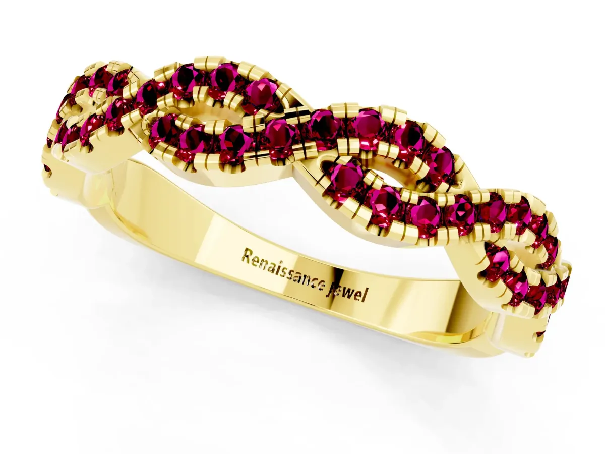Round Garnet Twisted Eternity Band with Pavé and Shared Prong Setting Yellow gold