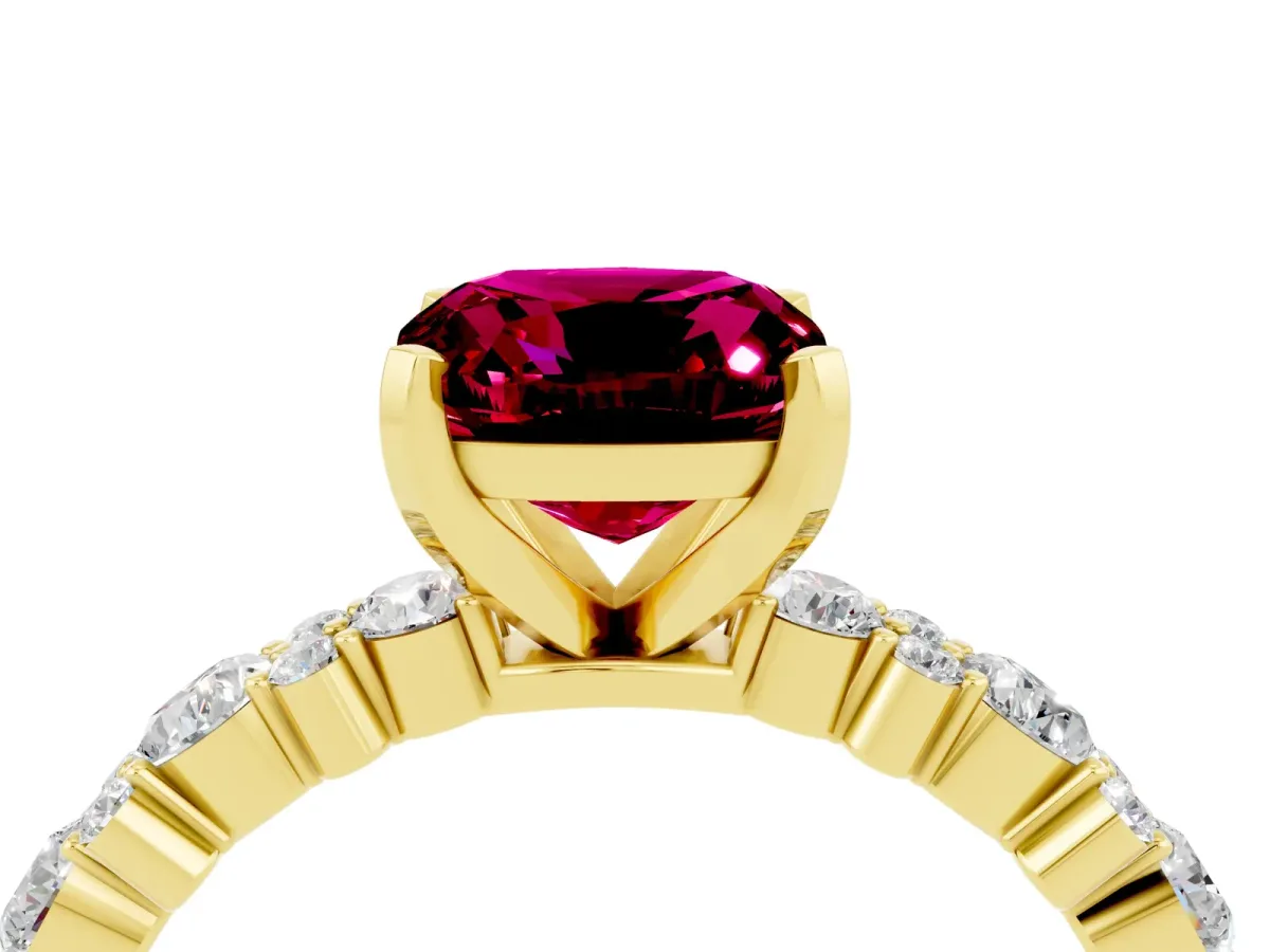 Cushion Cut Garnet Side Stone Solitaire Ring with Round and Four-Prong Setting Yellow gold