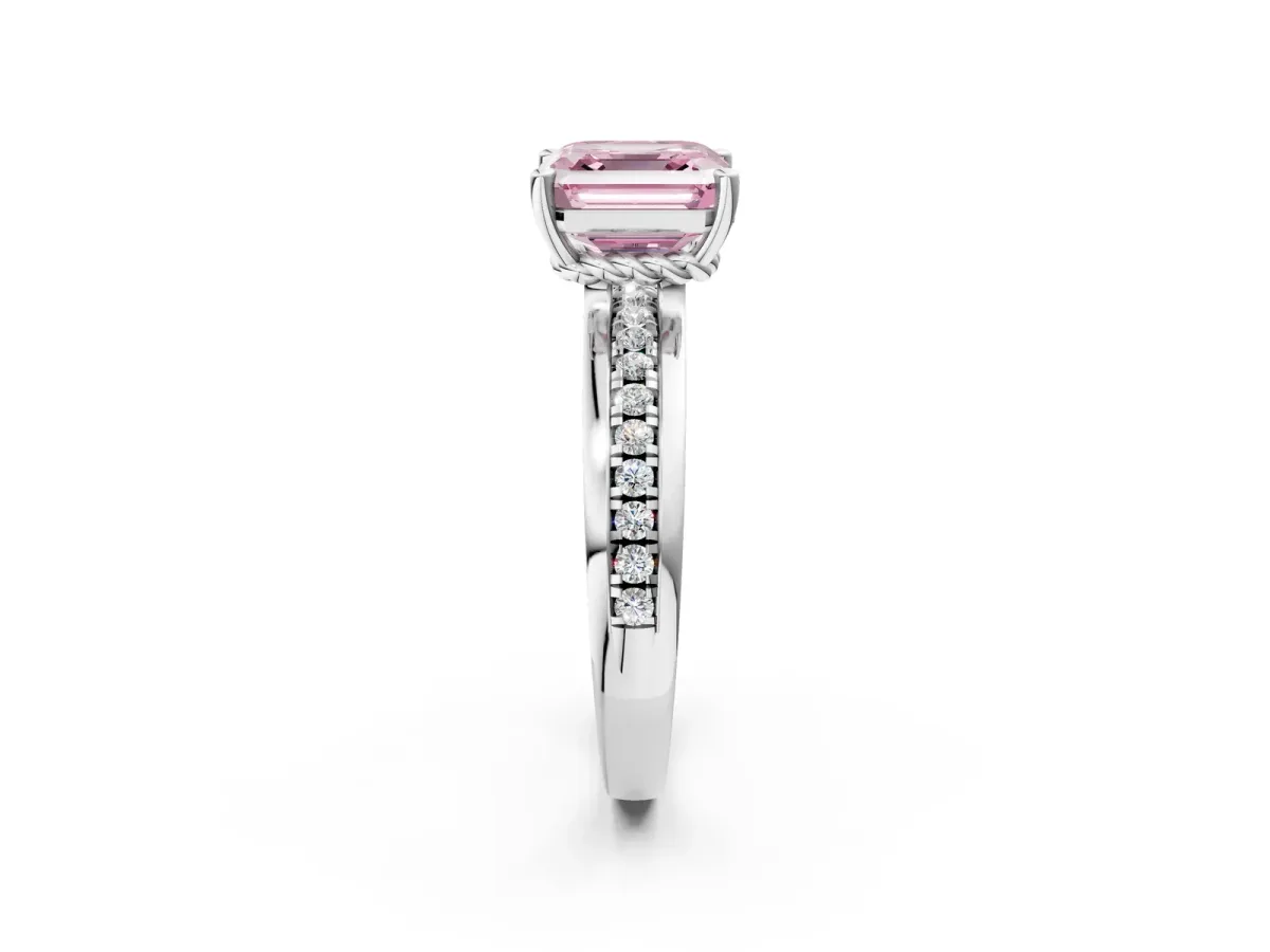 Fancy Pink Asscher Cut Solitaire Diamond Ring with Channel Set Band and Six-Prong Setting Platinum