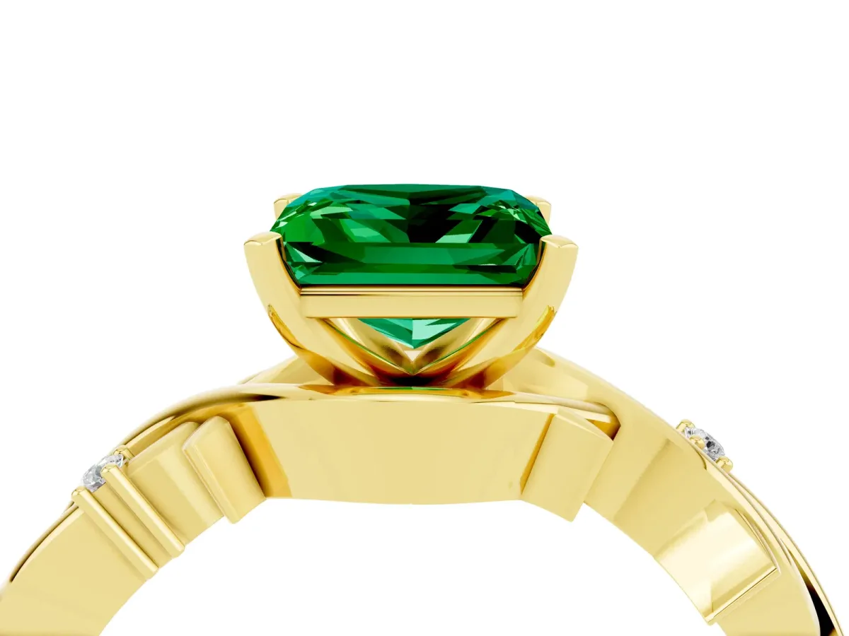 Princess Cut Emerald Solitaire Ring with Twisted Band and Prong Setting Yellow gold