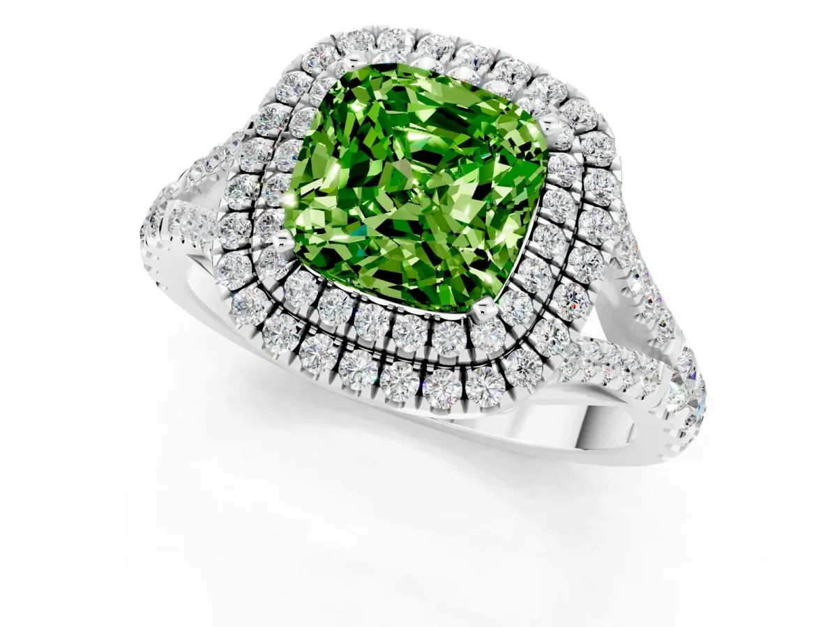 Double Halo Cushion Cut Peridot Split Shank Engagement Ring with Four-Prong Setting White gold