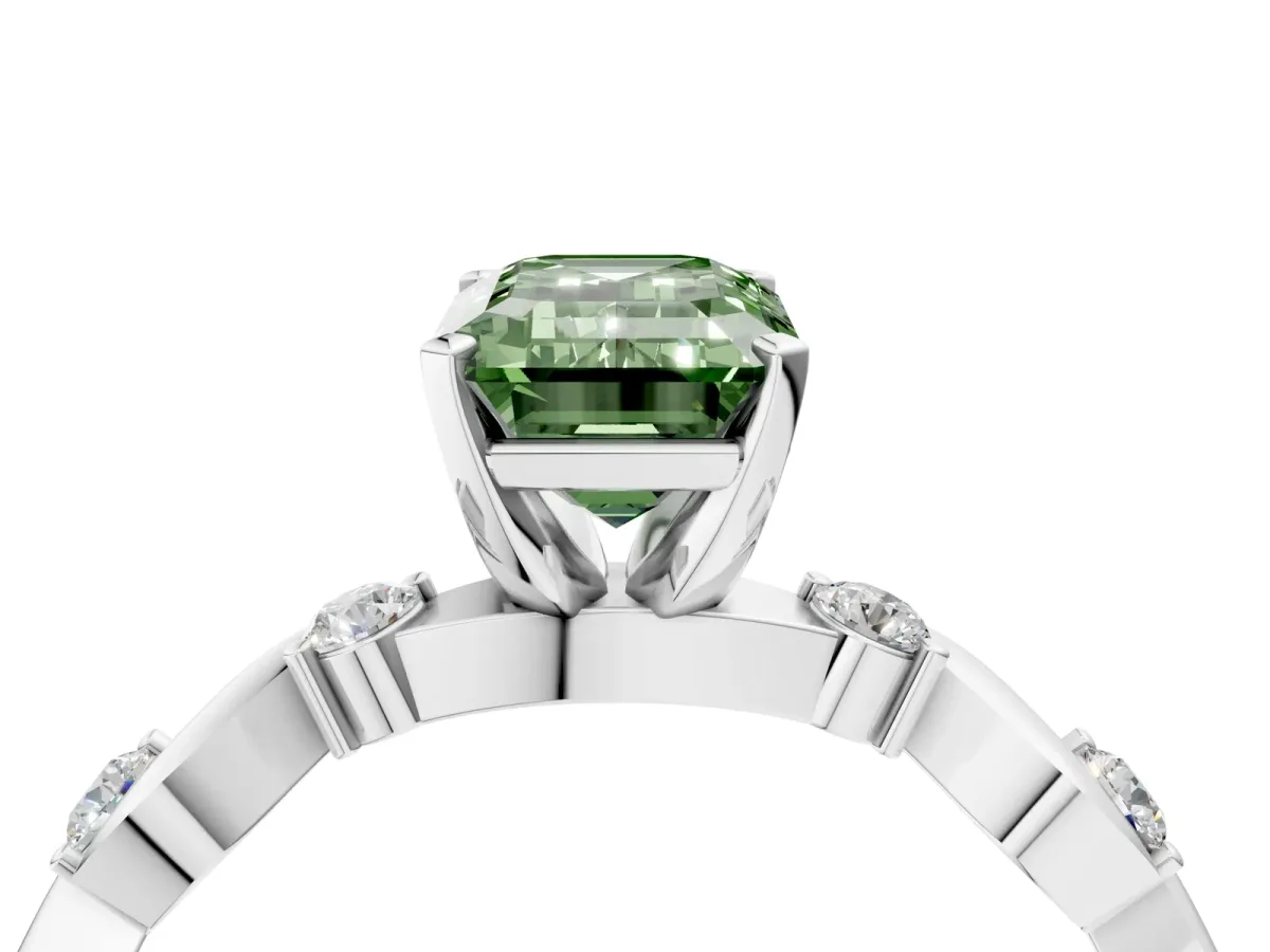 Fancy Green Emerald Cut Diamond Solitaire Twisted Band with Round Accents and Prong Setting Silver