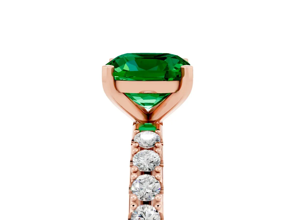 Cushion Cut Emerald Solitaire Pavé Band with Four-Prong Setting Rose gold