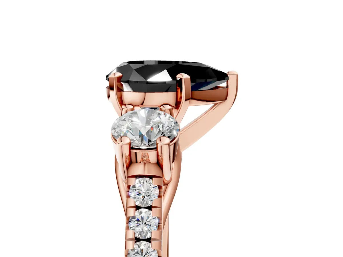 Fancy Black Three-Stone Pear Cut Diamond Pavé Band with Four-Prong Setting Rose gold