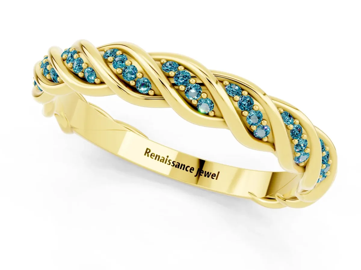 Twisted Pavé Round Blue Topaz Eternity Band with Shared Prong Setting Yellow gold