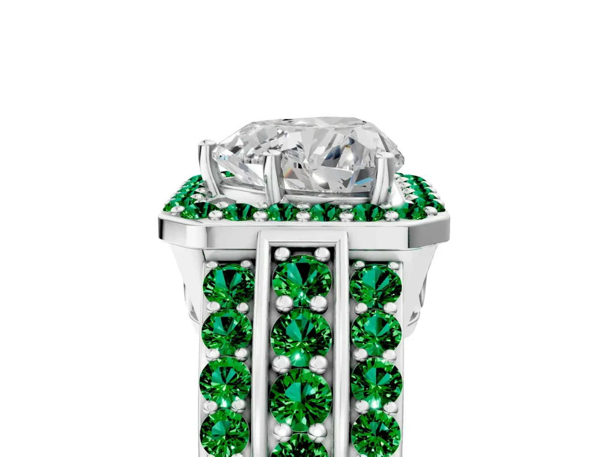 Heart Cut Halo Diamond Ring with Round Emerald Split Shank and Prong Setting Silver