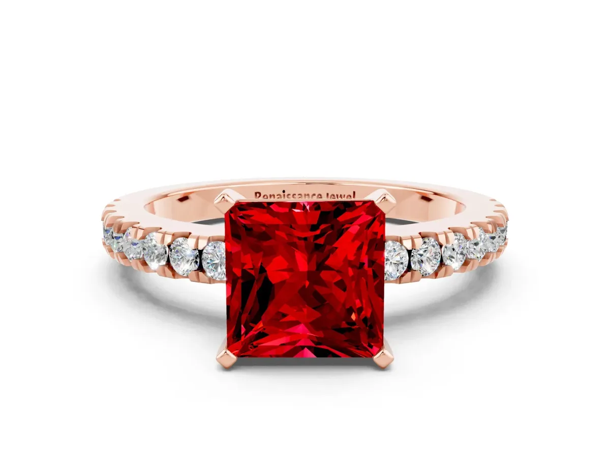 Princess Cut Solitaire Ruby with Pavé Band and Four-Prong Setting Rose gold