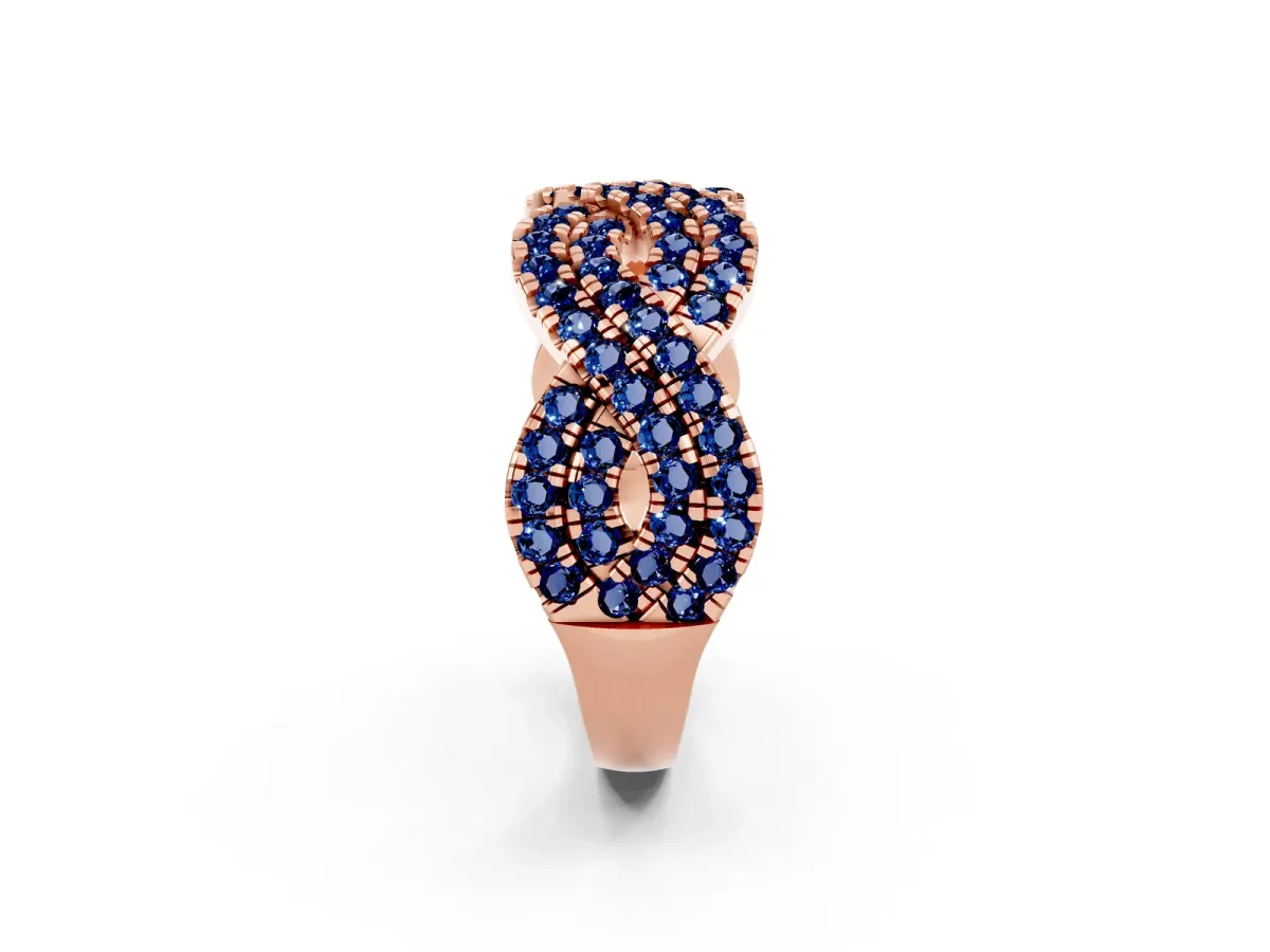 Pavé Round Blue Sapphire Infinity Twist Band with Shared Prong Setting Rose gold