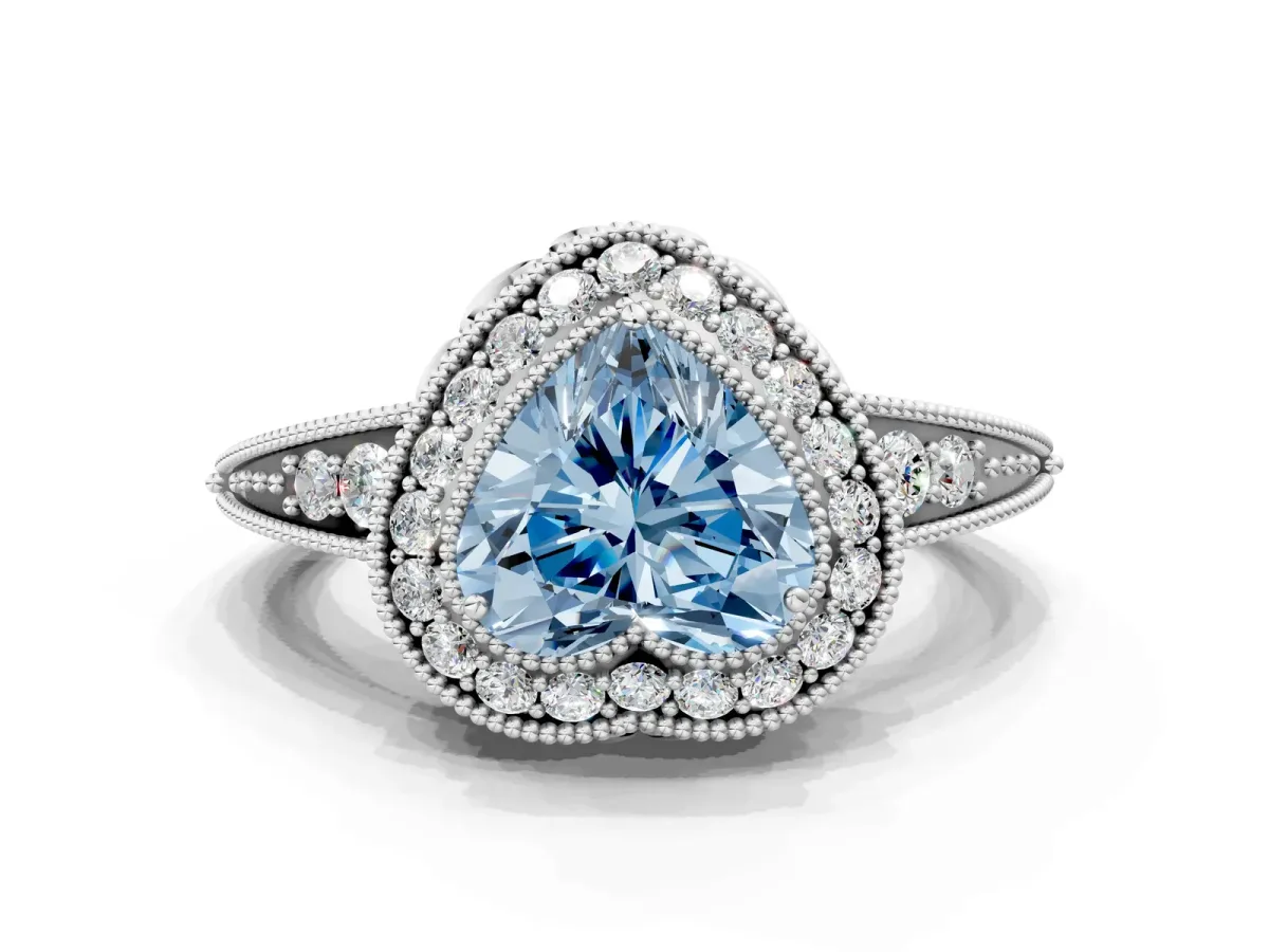 Fancy Blue Heart Cut Halo Diamond Split Shank Ring with Milgrain Detail Platinum