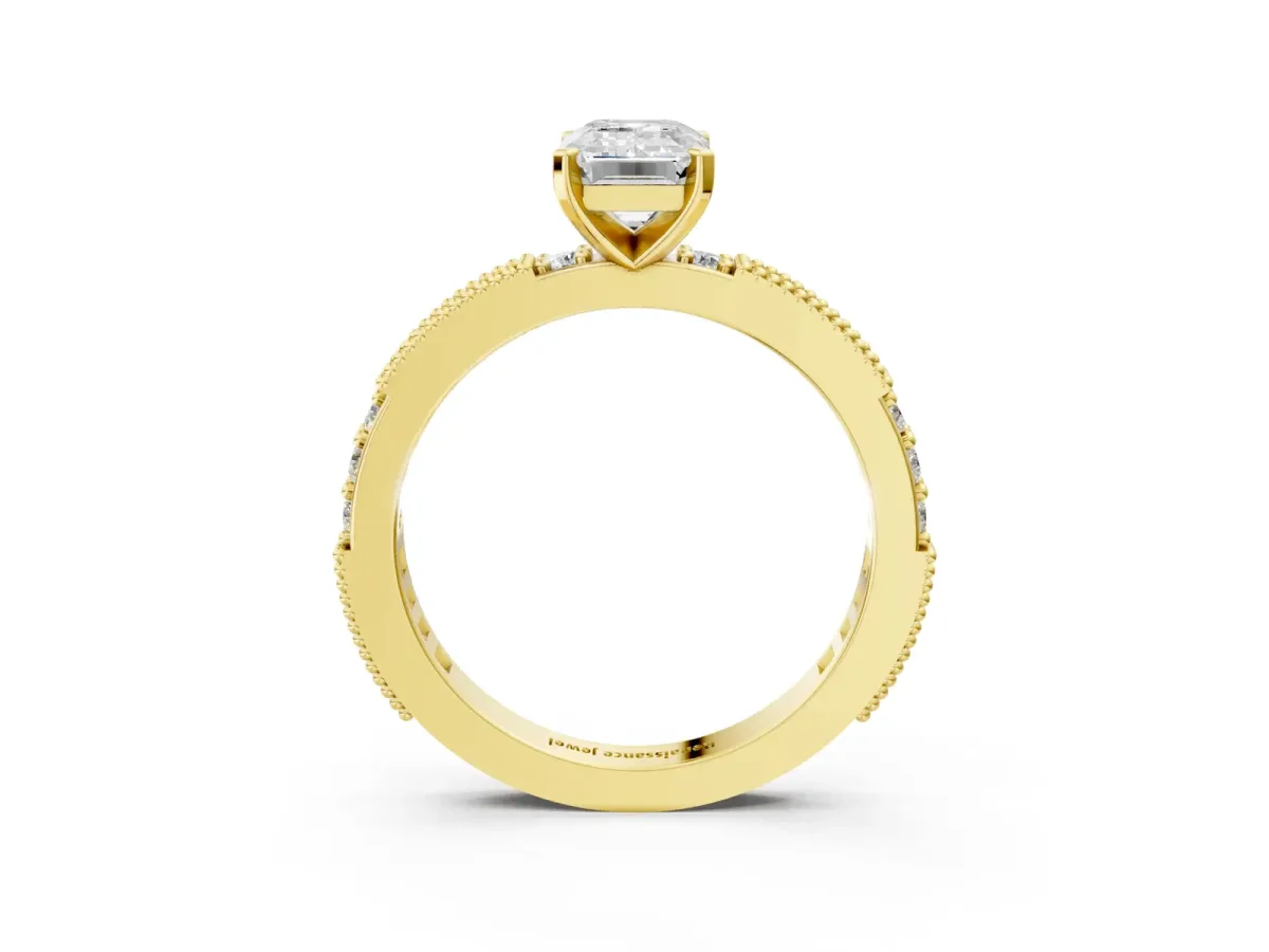 Emerald Cut Solitaire with Pavé Band and Four-Prong Setting Yellow gold