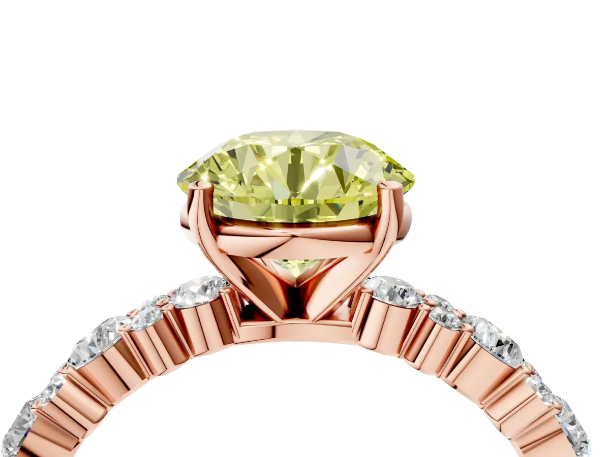 Fancy Yellow Round Cut Diamond Side Stone Solitaire Ring with Round and Four-Prong Setting Rose gold