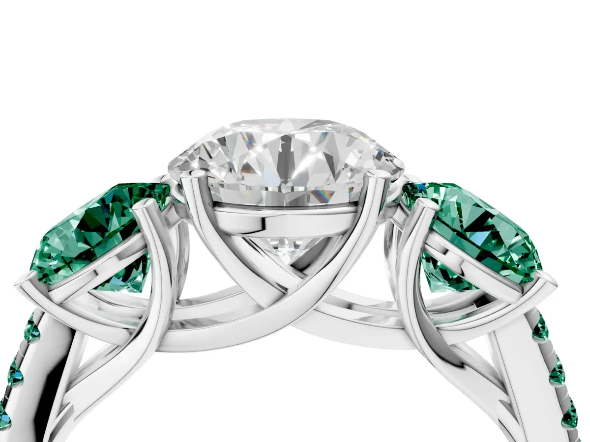 Three-Stone Round Cut Diamond Ring with Round Green Sapphire Pavé Band and Prong Setting Silver