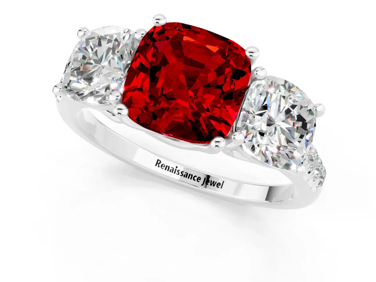 Three-Stone Cushion Cut Ruby Ring with Round Pavé Band and Prong Setting Silver