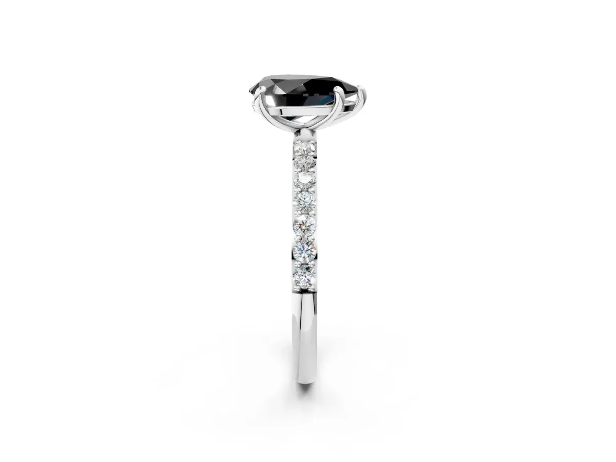Fancy Black Pear Cut Diamond Solitaire Ring with Round Pavé Band and Prong Setting Silver