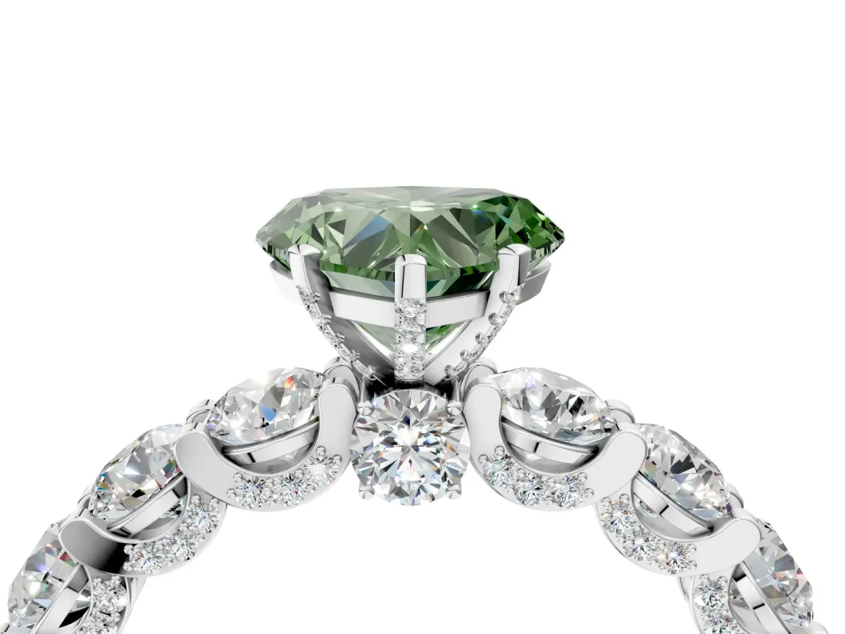 Fancy Green Heart Cut Diamond Side Stone Engagement Ring with Four-Prong Setting White gold