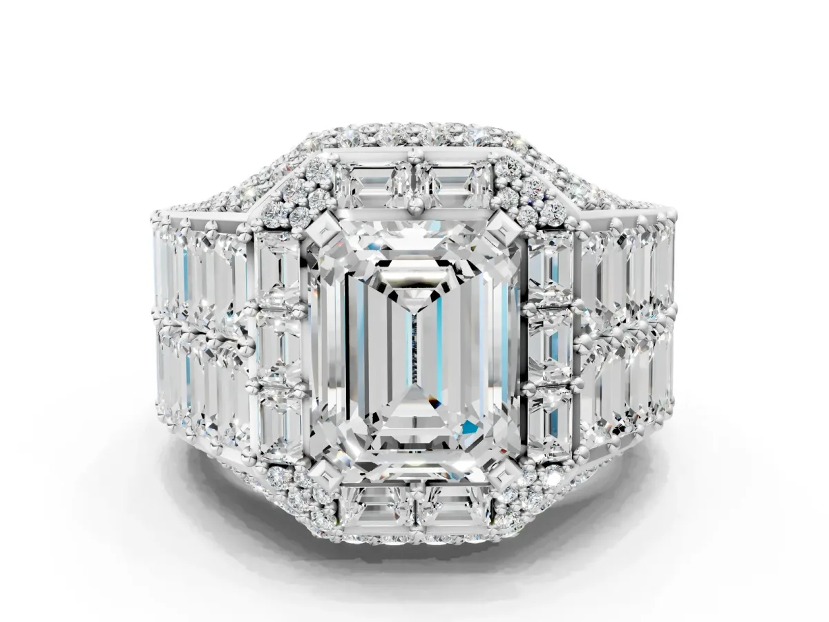 Emerald Cut Diamond Pavé Statement Mens Ring with Baguette Accents Platinum