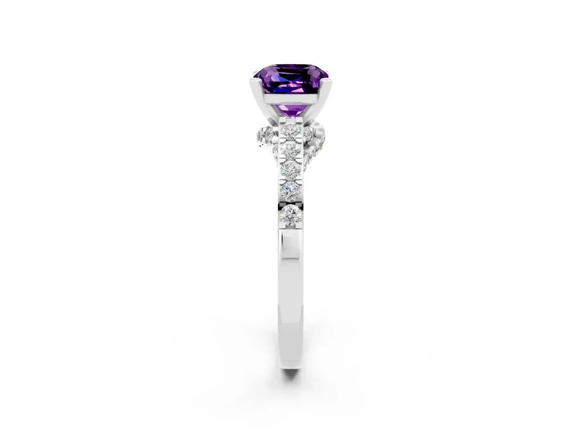 Cushion Cut Amethyst Solitaire Ring with Crossover Gallery and Round Pavé Band Silver